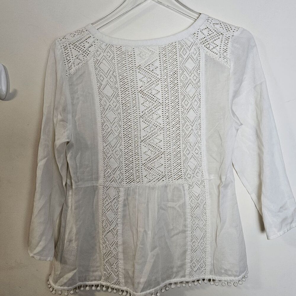 Maeve Anthropologie Top with Crochet, Pom Poms & Beading 3/4 Sleeves Women's Whi - Picture 2 of 4